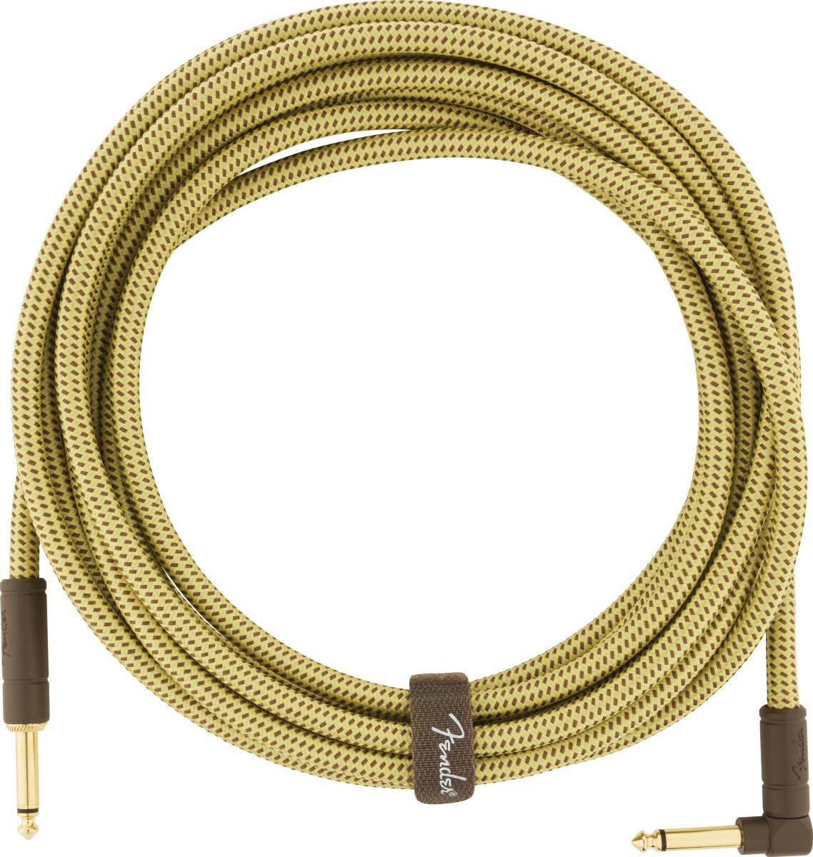 Fender Deluxe Series 18.6ft guitar cable with straight and angled connectors in tweed finish, suitable for electric guitar connections.