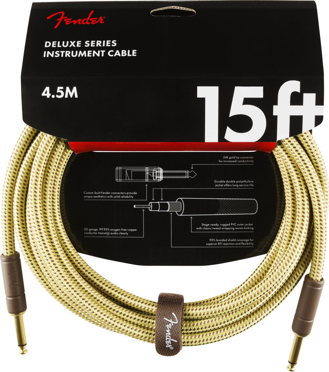 Fender Deluxe Series 15-foot straight guitar instrument cable in tweed, with connectors visible, designed for musical instrument connection.