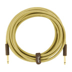 Fender Deluxe Series 15-foot straight guitar instrument cable in tweed, with black connectors and flexible cable design.