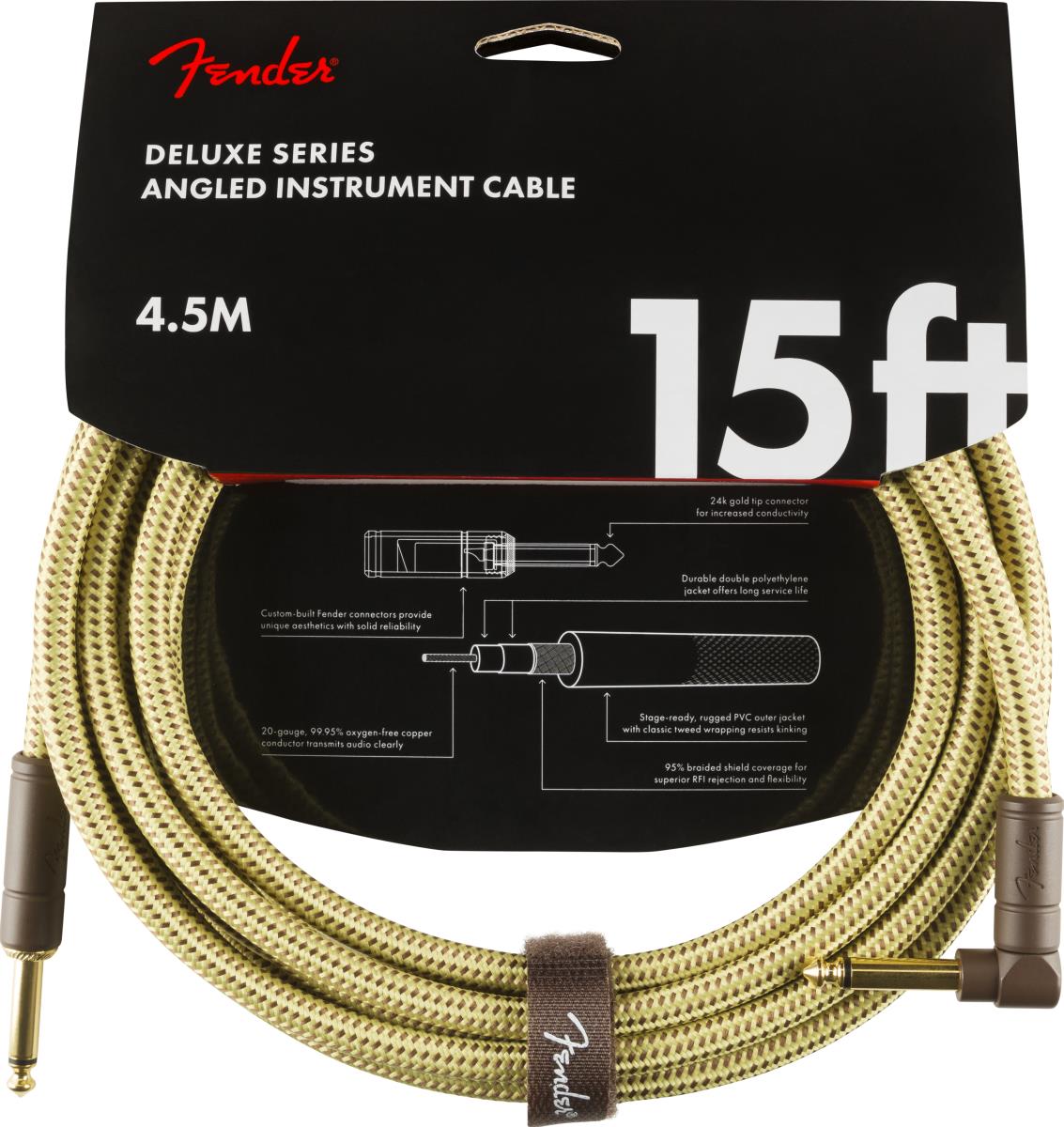 Fender Deluxe Series 15-foot straight and angled instrument guitar cable in vintage tweed, with connectors visible on the cable.
