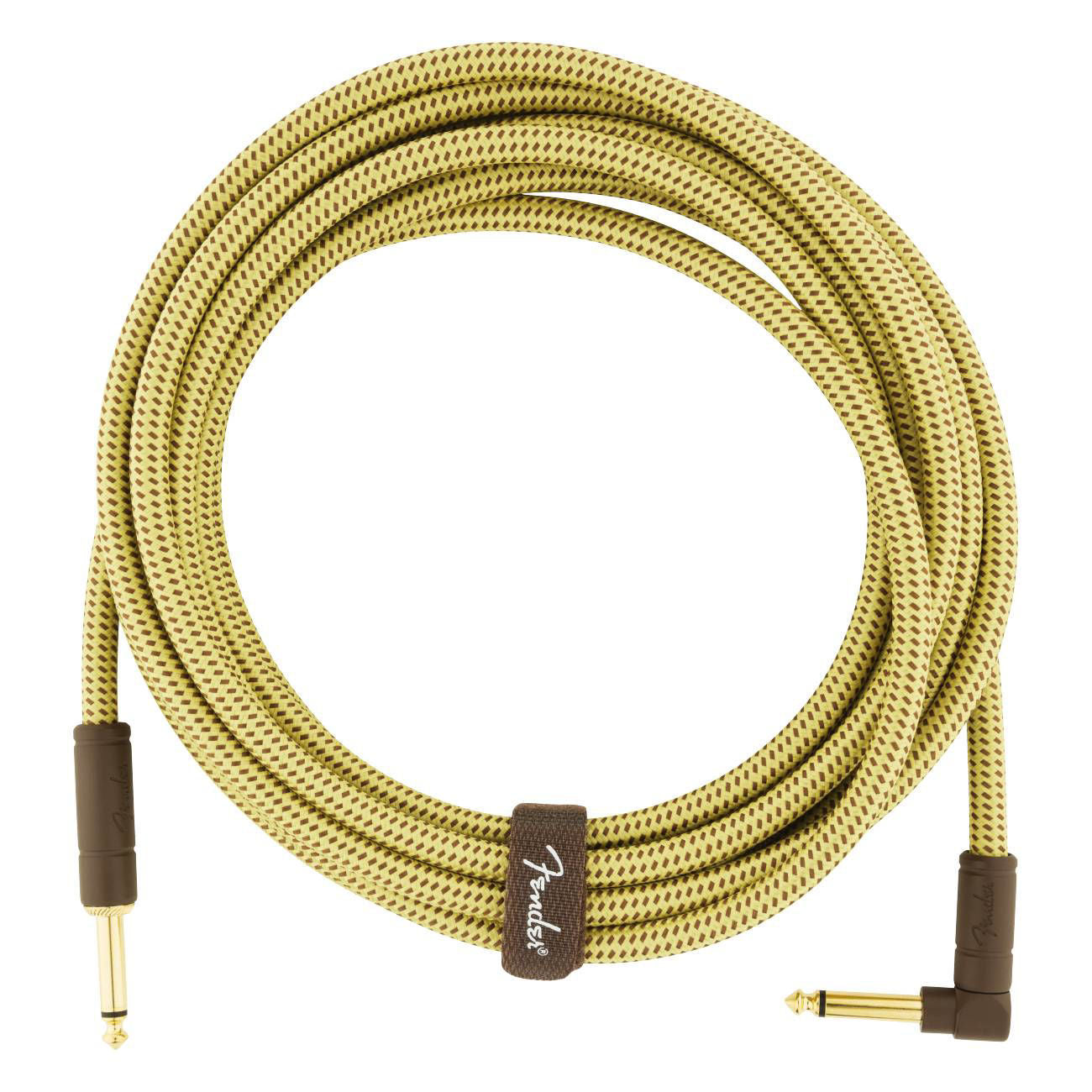 Fender Deluxe Series 15-foot straight and angled instrument guitar cable in vintage tweed color, ideal for connecting electric guitars.