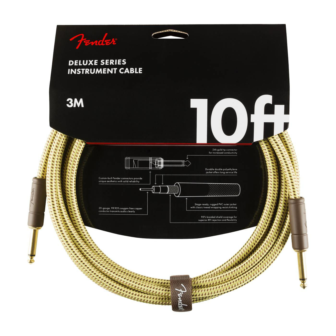 Fender Deluxe Series 10-foot straight guitar instrument cable in tweed, featuring durable construction and high-quality connectors.