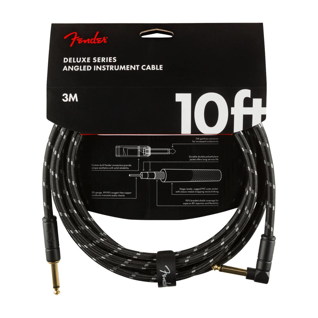 Fender Deluxe Series 10-foot black tweed guitar lead with straight and angled connectors for instrument connection.