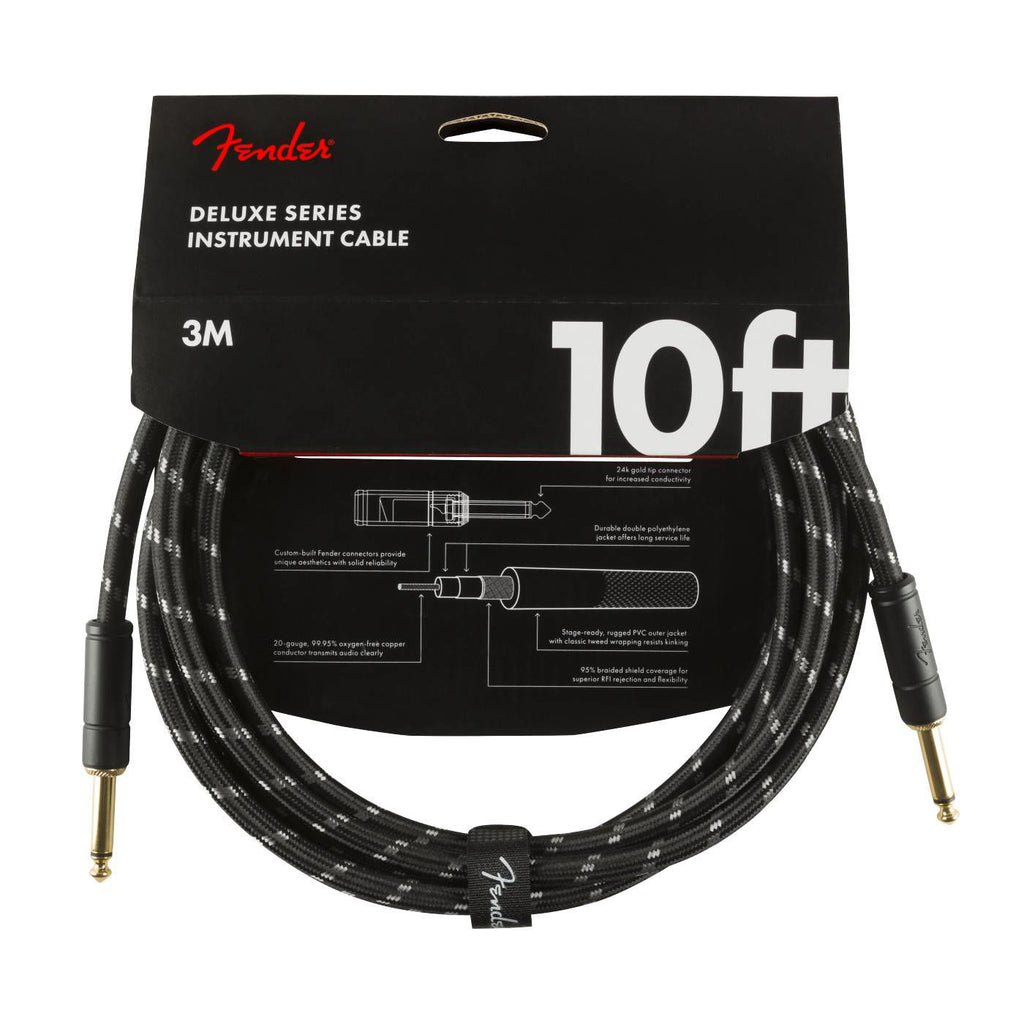 Fender Deluxe Series 10ft straight guitar cable in black tweed, showing durable instrument lead with straight connectors.