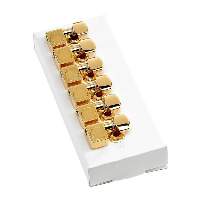 Fender American Professional Series gold guitar tuners set of 6 for Stratocaster and Telecaster electric guitars.