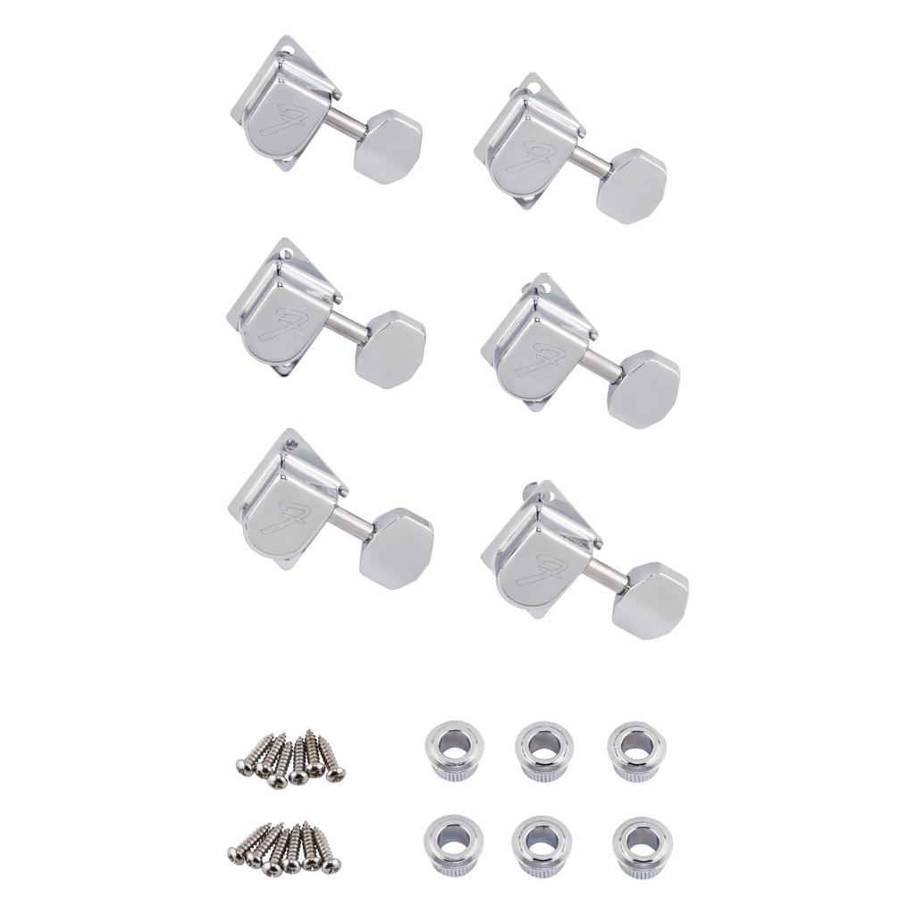 Fender 70s F-Style Stratocaster/Telecaster chrome tuning machine heads set of six on guitar headstock