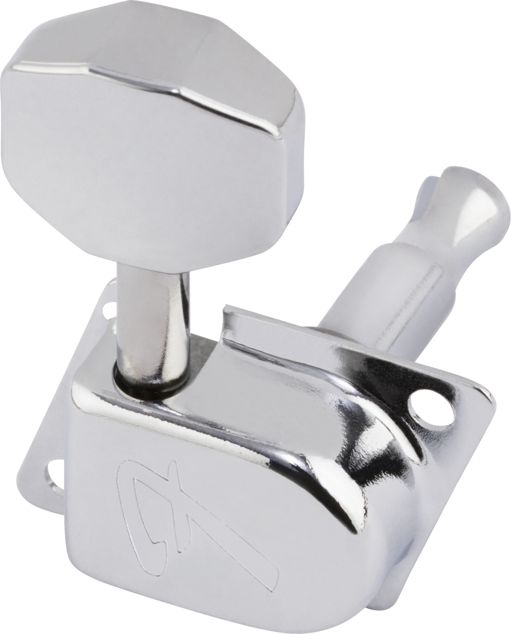 Fender 70s F-Style Stratocaster/Telecaster tuners in chrome, set of 6, showing detailed close-up of tuning pegs and hardware.