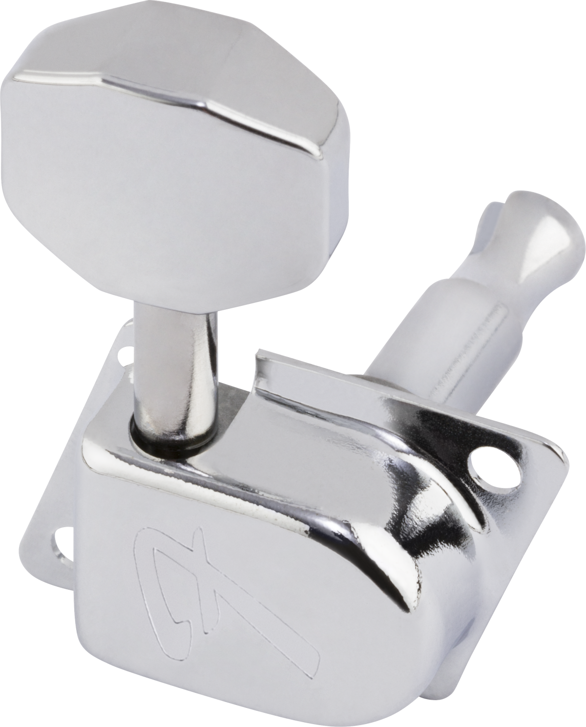 Fender 70s F-Style Stratocaster/Telecaster tuners in chrome, set of 6, showing detailed close-up of tuning pegs and hardware.