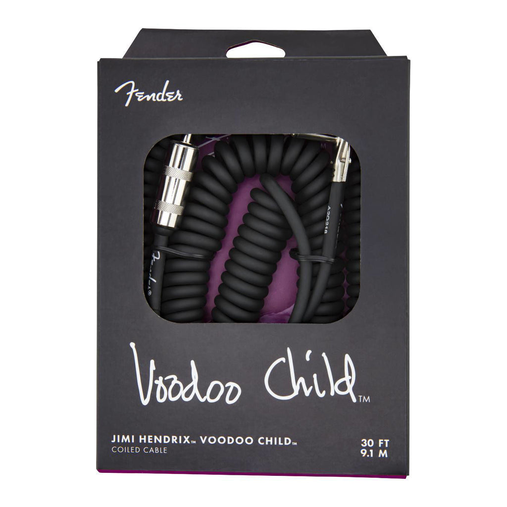 Fender Hendrix Voodoo Child black guitar cable, a high-quality lead for electric guitars, shown coiled with connectors visible.