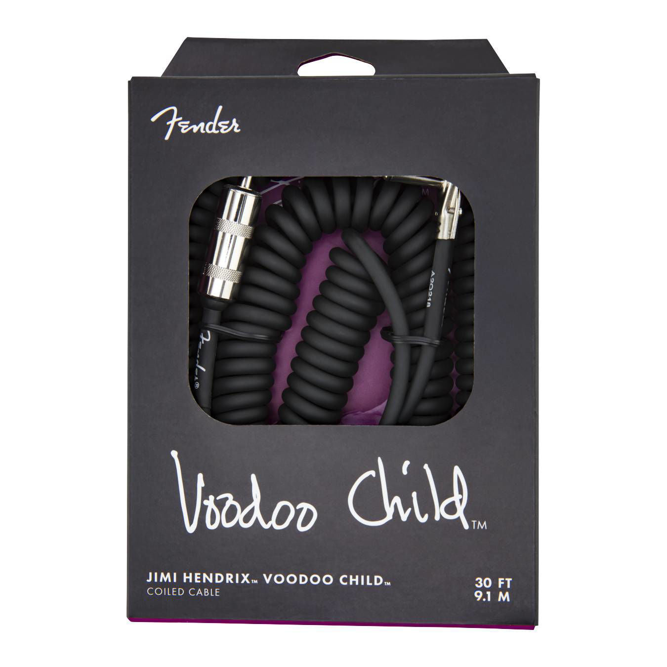 Fender Hendrix Voodoo Child black guitar cable, a high-quality lead for electric guitars, shown coiled with connectors visible.