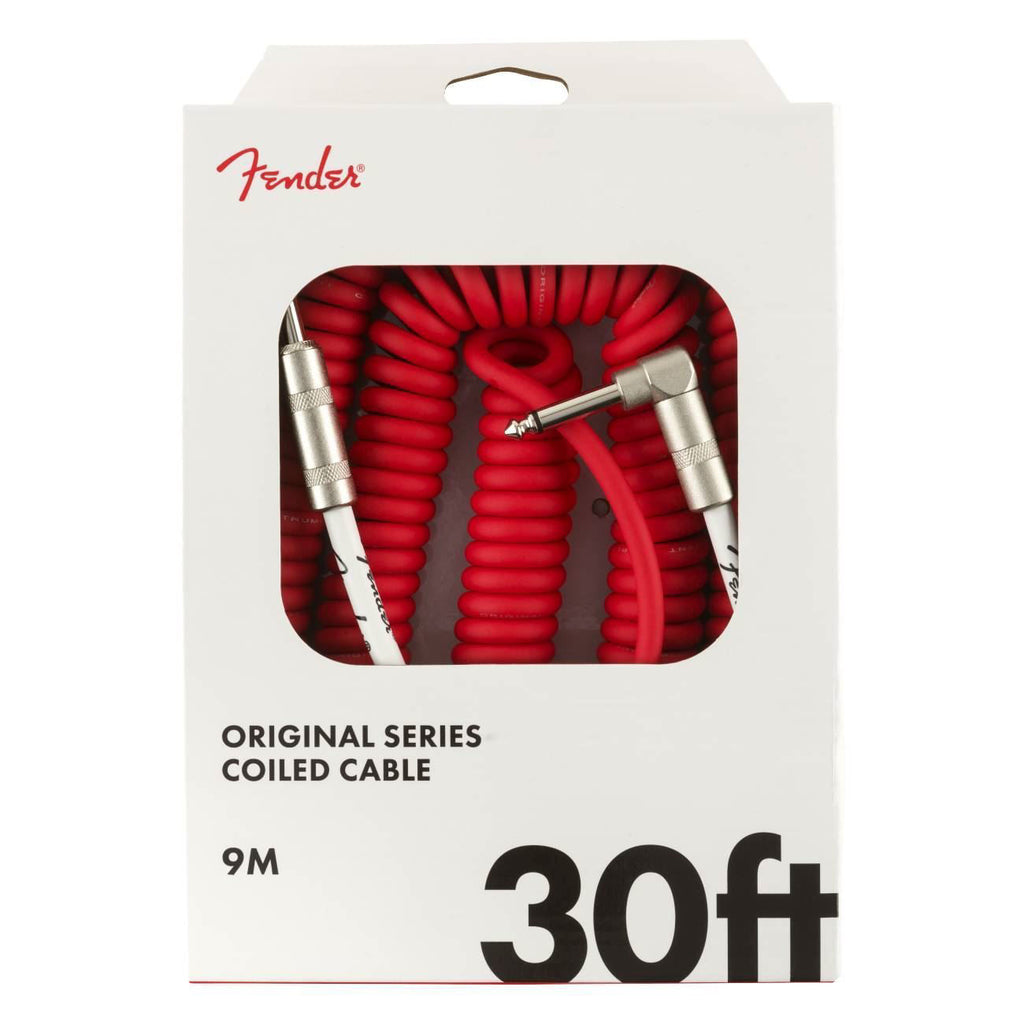 Fender Original Series 30ft straight-angle guitar cable in Fiesta Red, showing the flexible coil and durable connectors.