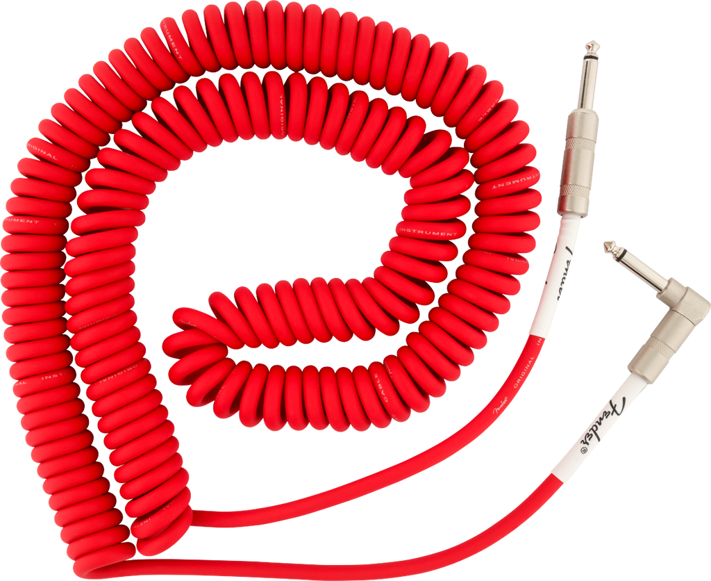 Fender Original Series 30ft straight-angle guitar cable in Fiesta Red, showing the bright red connector and flexible coil design.