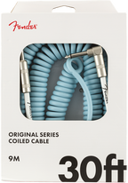 Fender Original Series 30-foot coil guitar cable in Daphne Blue with straight and angled connectors, ideal for musical instruments.