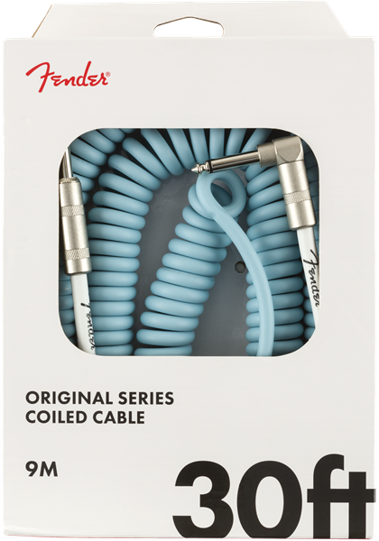 Fender Original Series 30-foot coil guitar cable in Daphne Blue with straight and angled connectors, ideal for musical instruments.