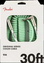 Fender Original Series 30-foot surf green guitar cable with straight and angle connectors, designed for electric guitar leads.