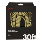 Fender Deluxe Coil 30ft guitar cable in tweed with coil design and metal connectors, ideal for electric guitar connections.