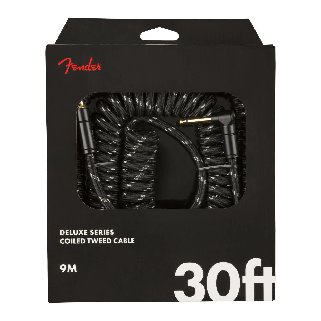 Fender Deluxe Coil 30ft black guitar cable with vintage tweed design, coiled guitar lead for electric instruments.