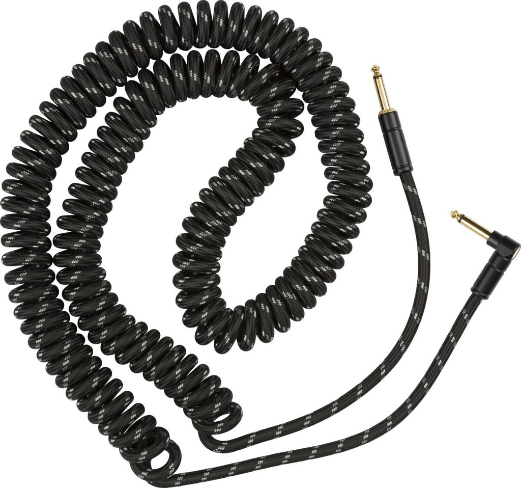 Fender Deluxe Coil 30ft black tweed guitar cable, a coiled instrument lead with durable construction and flexible length.
