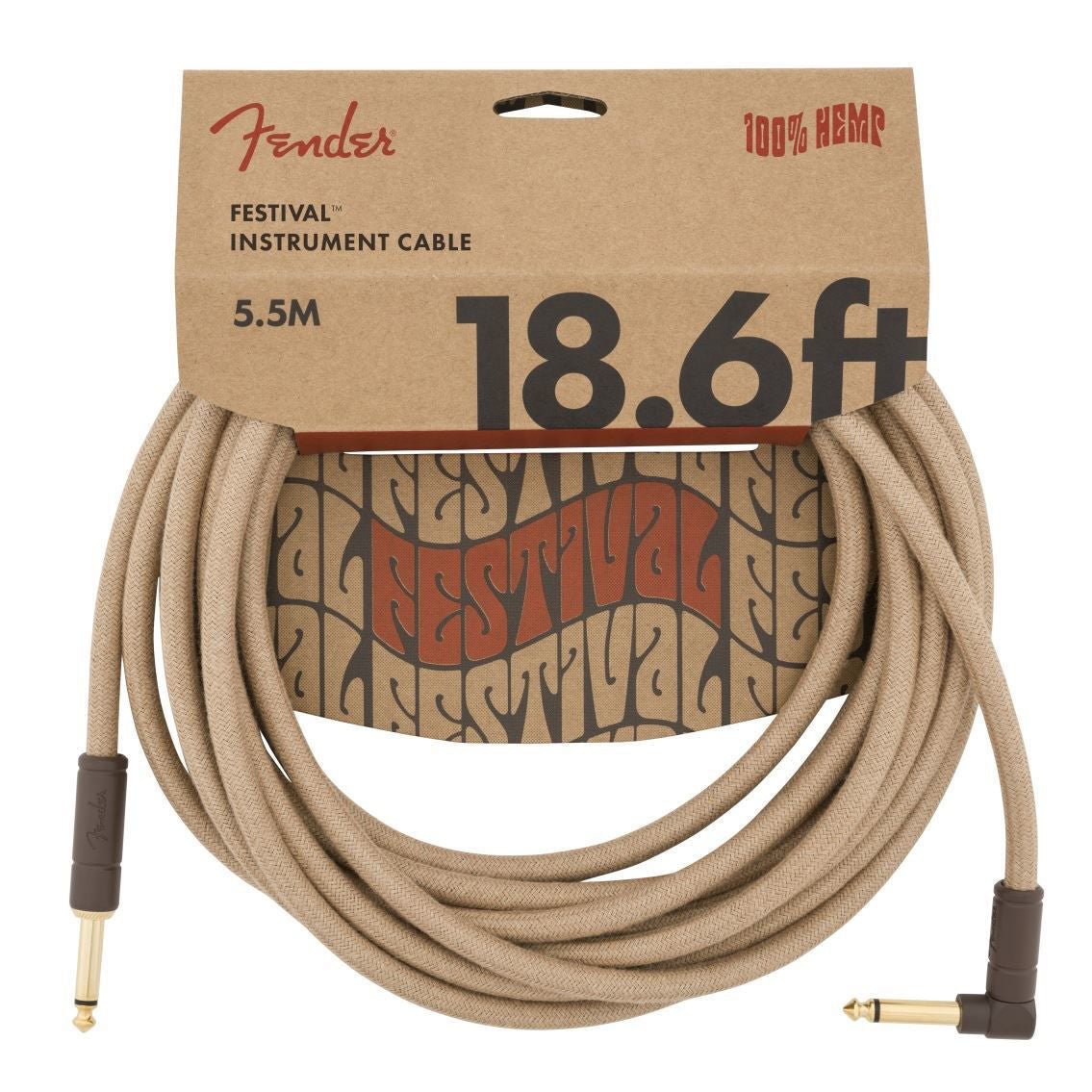 Fender Festival Pure Hemp 18.6ft angled guitar cable in natural color, durable instrument lead for electric guitars.
