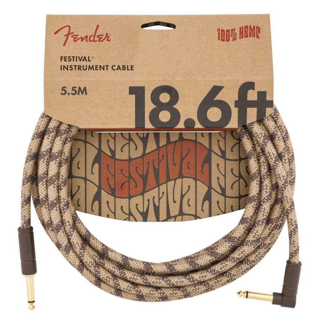Fender Festival Pure Hemp 18.6ft brown stripe angled guitar cable showing the braided hemp exterior and 1/4 inch connectors.
