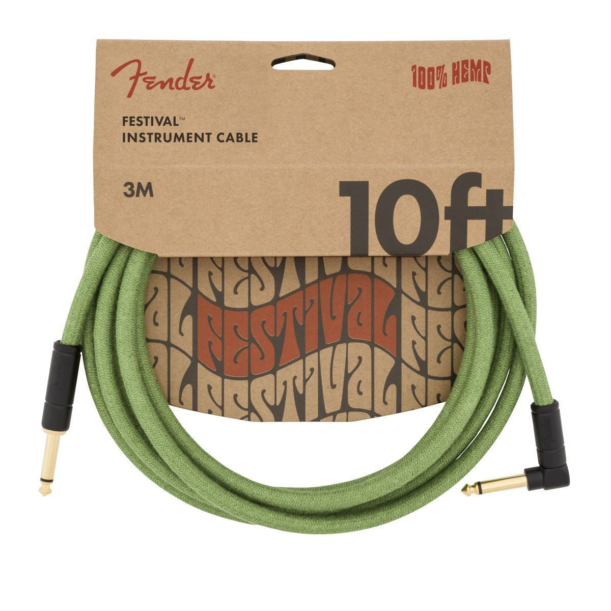 Fender 18.6-foot angled pure hemp guitar cable in green, designed for high-quality guitar lead connection.