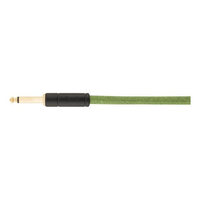 Fender 18.6-foot angled pure hemp guitar cable in green, showcasing the durable cable and angled connector for electric guitars.
