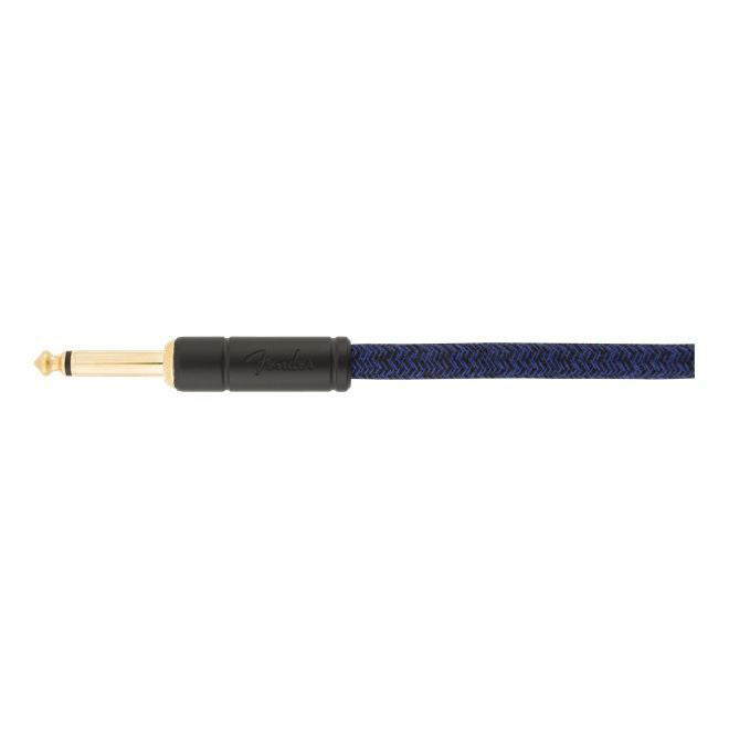 Fender Festival Pure Hemp 18.6ft blue angled guitar cable for electric guitars, featuring durable construction and flexible design.