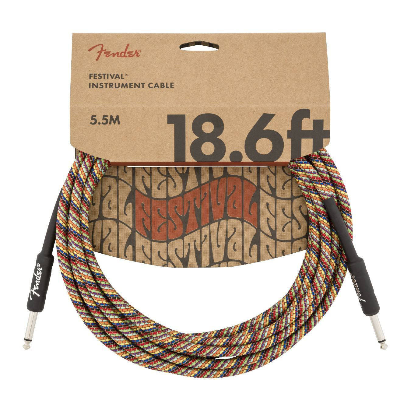 Fender Festival Pure Hemp 18.6ft rainbow guitar cable, instrument lead with colorful woven design and durable connectors.