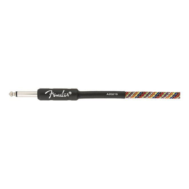 Fender Festival Pure Hemp 18.6ft rainbow guitar cable with reinforced connectors and colorful braided design for musical instrument connectivity.