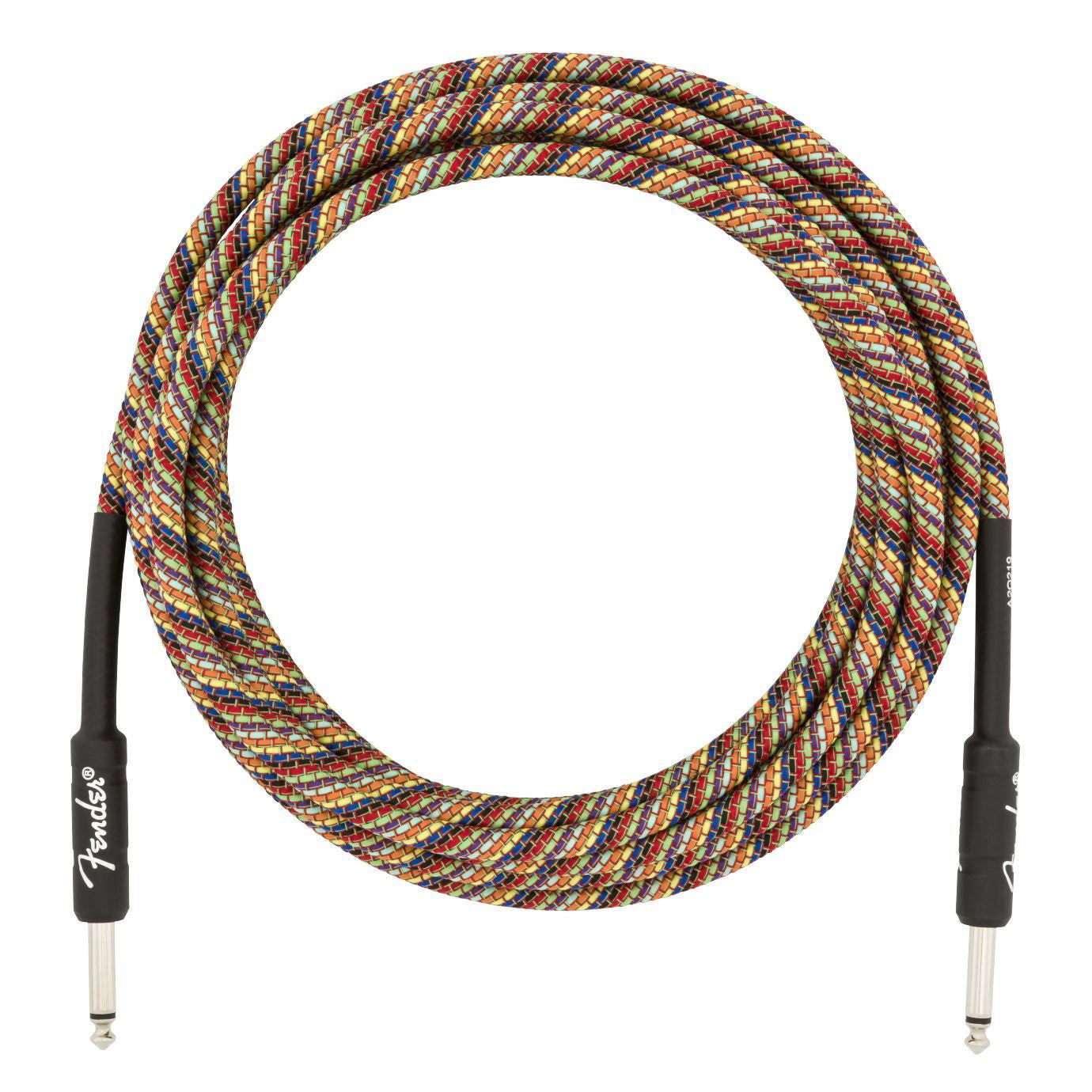 Fender Festival Pure Hemp 18.6ft rainbow guitar cable for electric guitars, featuring durable construction and colorful design.