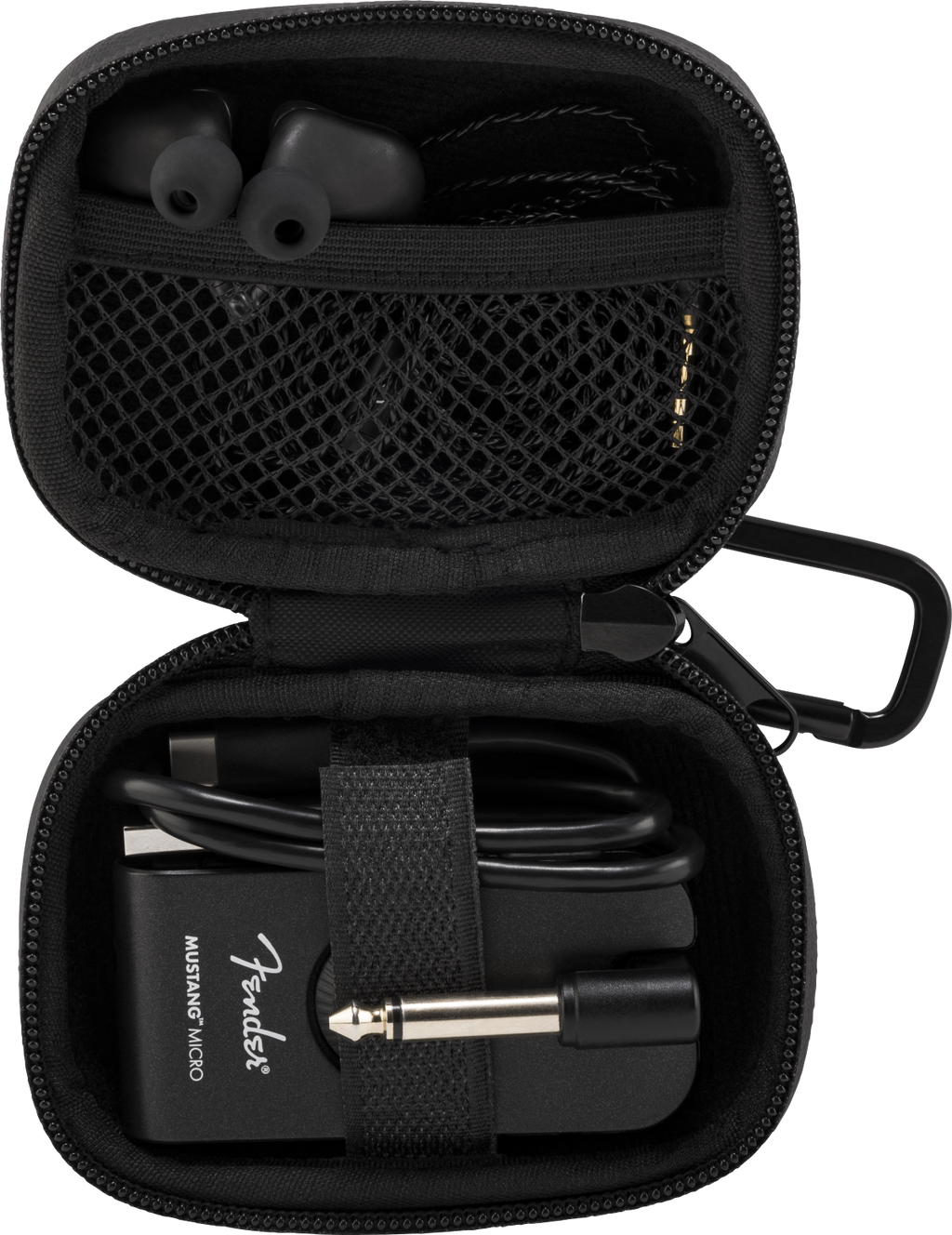 Fender Mustang Micro case for guitar accessories, soft protective cover in black with Fender logo and padded interior.