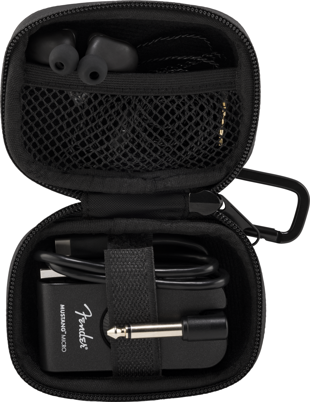 Fender Mustang Micro case for guitar accessories, soft protective cover in black with Fender logo and padded interior.