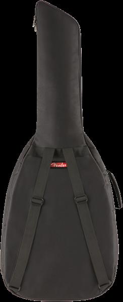 Black Fender FA405 dreadnought guitar gig bag with padded straps and handles for easy transport and protection.