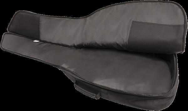 Black Fender FA405 Dreadnought guitar gig bag with padded straps and durable exterior for safe transport of acoustic guitars.