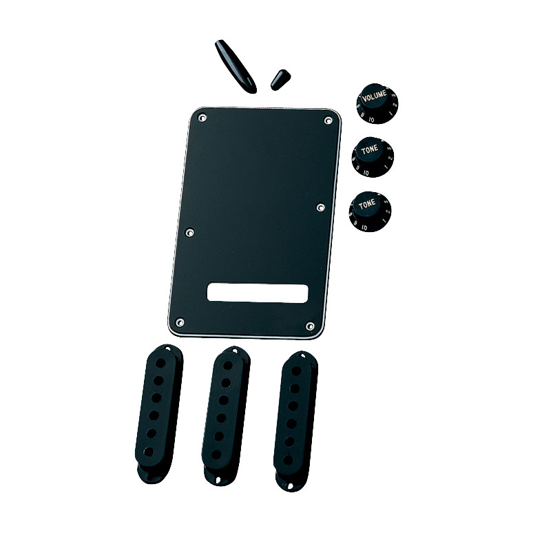 Fender Accessory Kit for Stratocaster guitar in black, includes replacement parts and tools for guitar maintenance and customization.