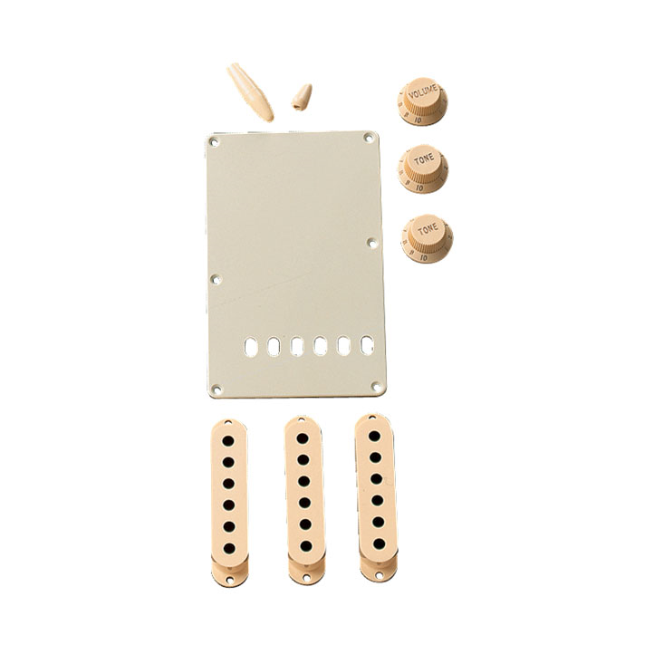Fender Stratocaster guitar accessory kit in aged white, includes replacement parts and hardware for guitar maintenance and customization.