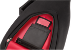 Black Fender fretboard electric bass gig bag with padded interior and sturdy zipper for safe transport of guitar accessories.