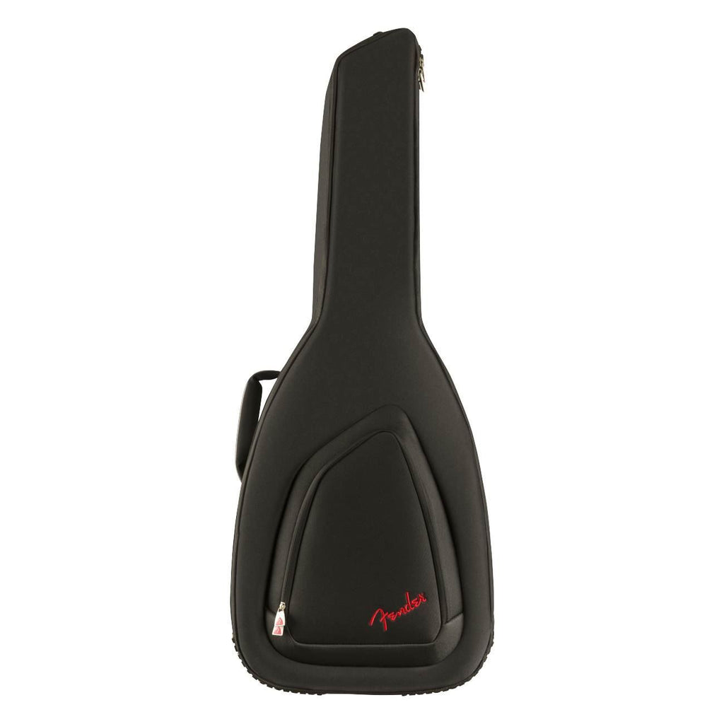 Black Fender FA610 dreadnought guitar gig bag with padded handles and zipper closure, designed for secure transport of acoustic guitars.