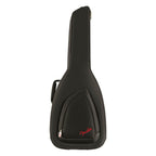 Black Fender FA610 dreadnought guitar gig bag with padded handles and zipper closure, designed for secure transport of acoustic guitars.