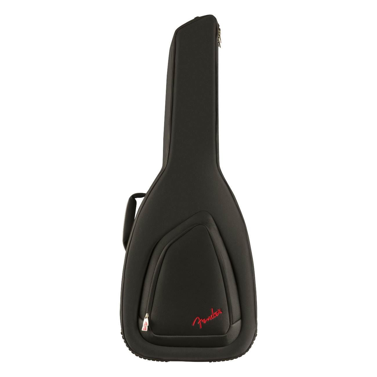Black Fender FA610 dreadnought guitar gig bag with padded handles and zipper closure, designed for secure transport of acoustic guitars.