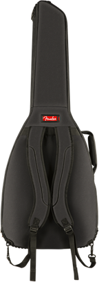 Black Fender FA610 Dreadnought guitar gig bag with padded handles and zippers, designed for protecting and carrying acoustic guitars.
