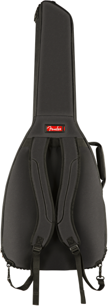 Black Fender FA610 Dreadnought guitar gig bag with padded handles and zippers, designed for protecting and carrying acoustic guitars.