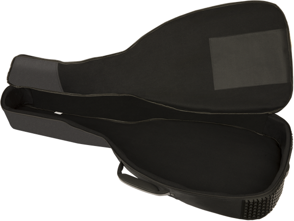 Fender FA610 black dreadnought guitar gig bag with padded straps and handle for easy carrying and protection.