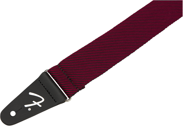 Fender Modern Tweed 2-inch guitar strap in black and red, featuring adjustable leather ends and padded comfort for guitars.