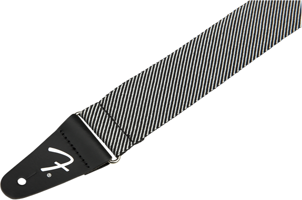 Fender Modern Tweed 2-inch guitar strap in white and black with adjustable leather ends for comfortable playing.