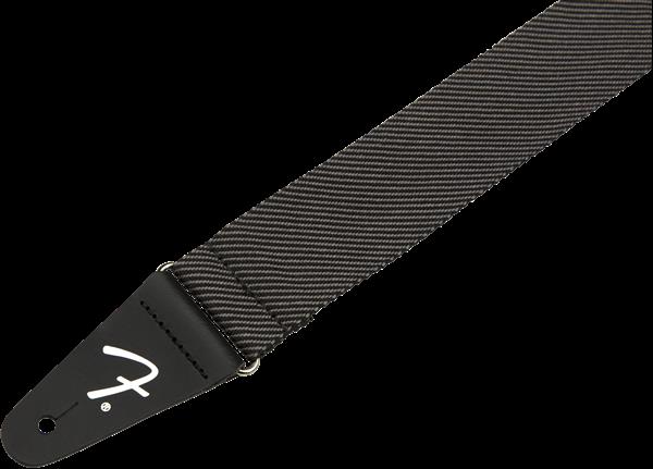 Fender Modern Tweed guitar strap in grey and black with adjustable strap and padded comfort for electric guitar playing.