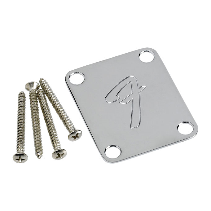 Chrome Fender 4-bolt 70's vintage-style F logo neck plate for guitar, featuring a shiny metal finish and classic Fender branding.