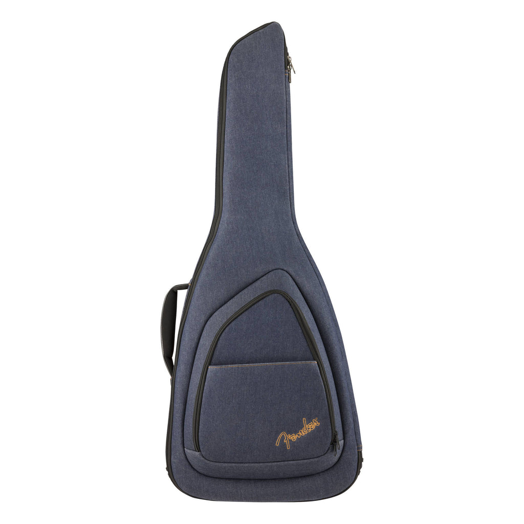 Fender FE920 electric guitar gig bag in gold denim with padded handles and shoulder straps for secure transport.