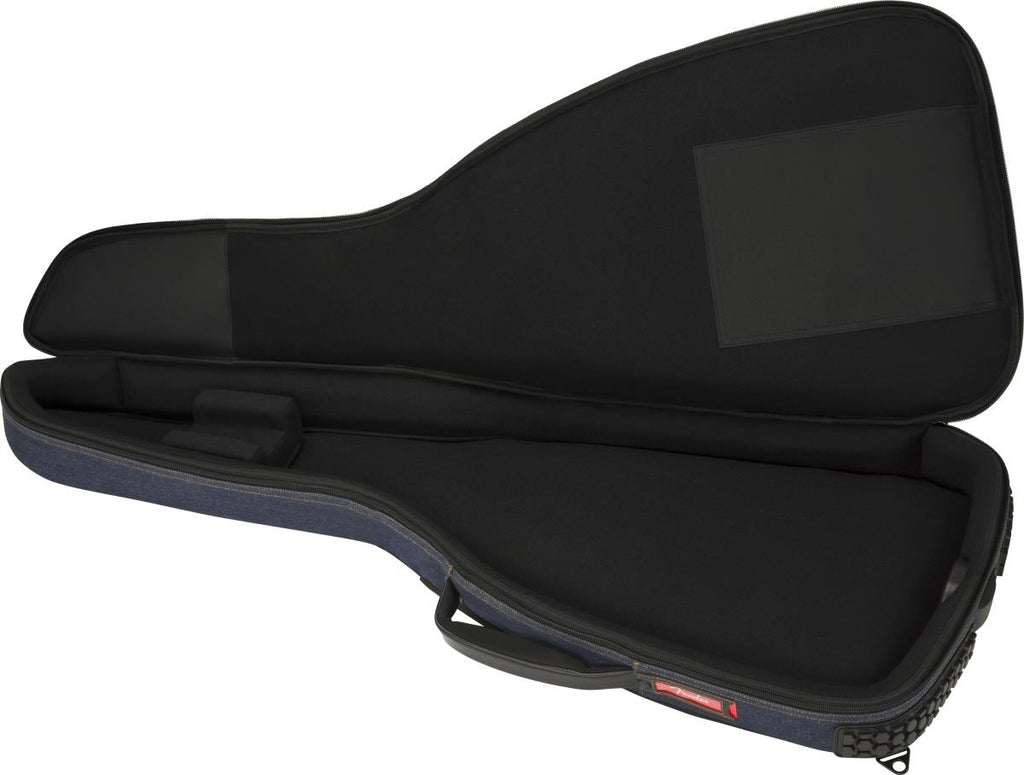 Fender FE920 electric guitar gig bag in gold denim with padded shoulder straps and zipper compartments.