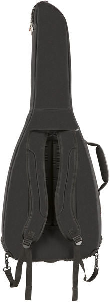 Fender FE620 black electric guitar gig bag with padded shoulder straps and zippered compartments for easy transport and protection.